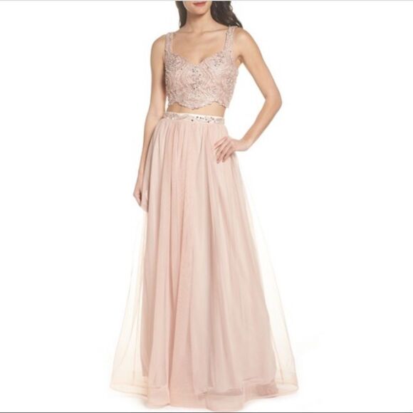 Women's Sequin Hearts Beaded Lace Two-Piece Gown, - Picture 1 of 2